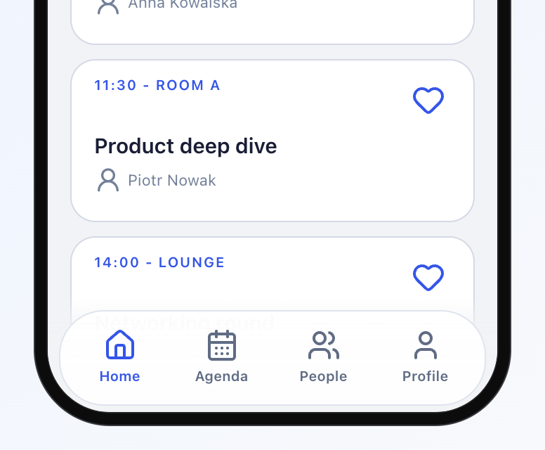 Zrzut aplikacji: agenda na telefonie z wyróżnioną aktualną sesją.
